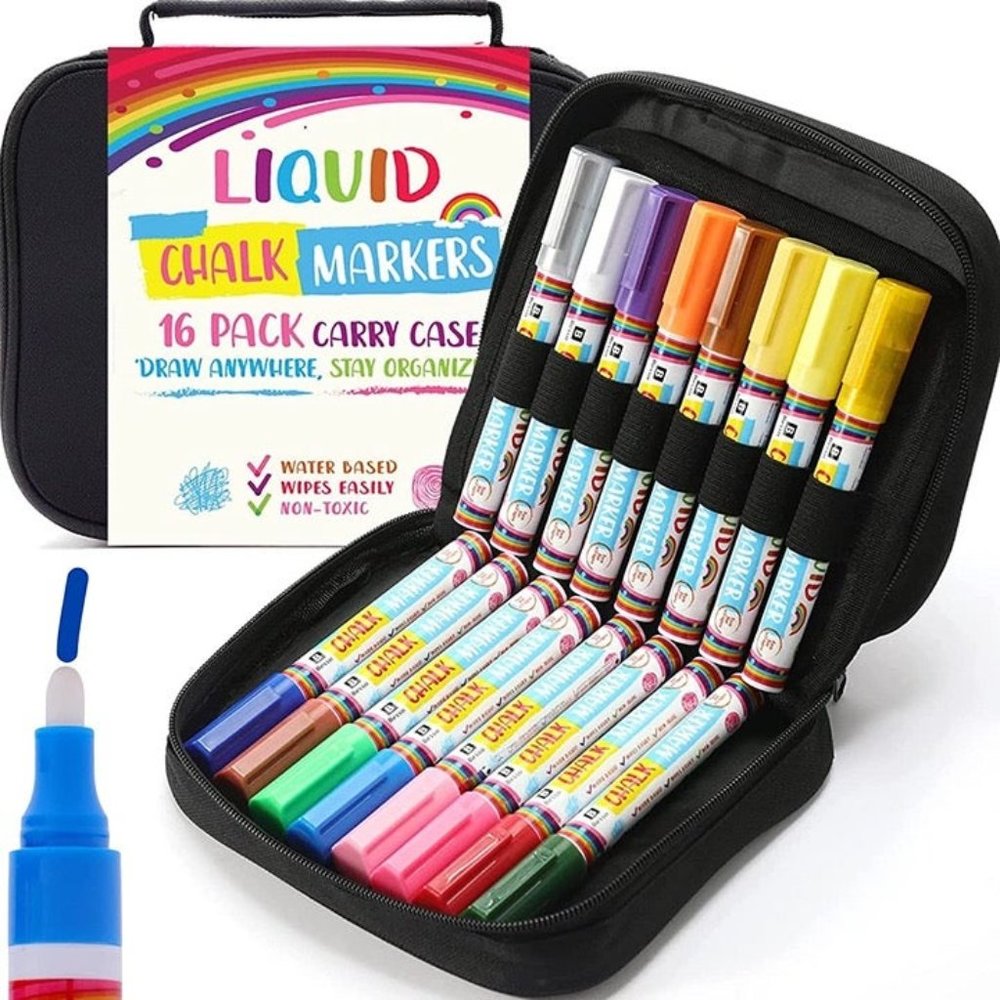 16 Liquid Chalk Markers w/Case for Chalk Board Signs, Blackboard, Window, Glass,